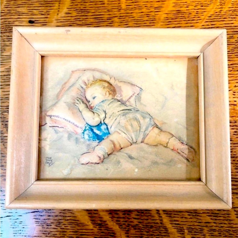 Framed Art Print of Sleeping Baby Maud Tousey Fangel Lithography 1930 wood frame